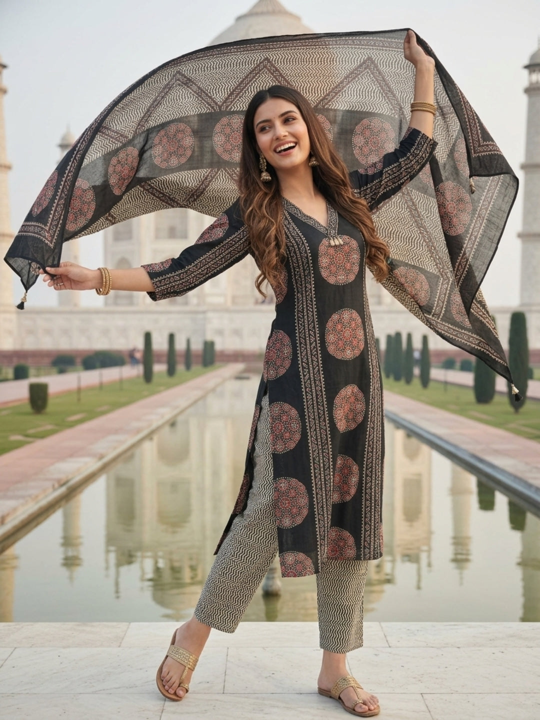 Ajrakh Printed Straight Fit Kurta with Pant and Pure Cotton Dupatta - Black