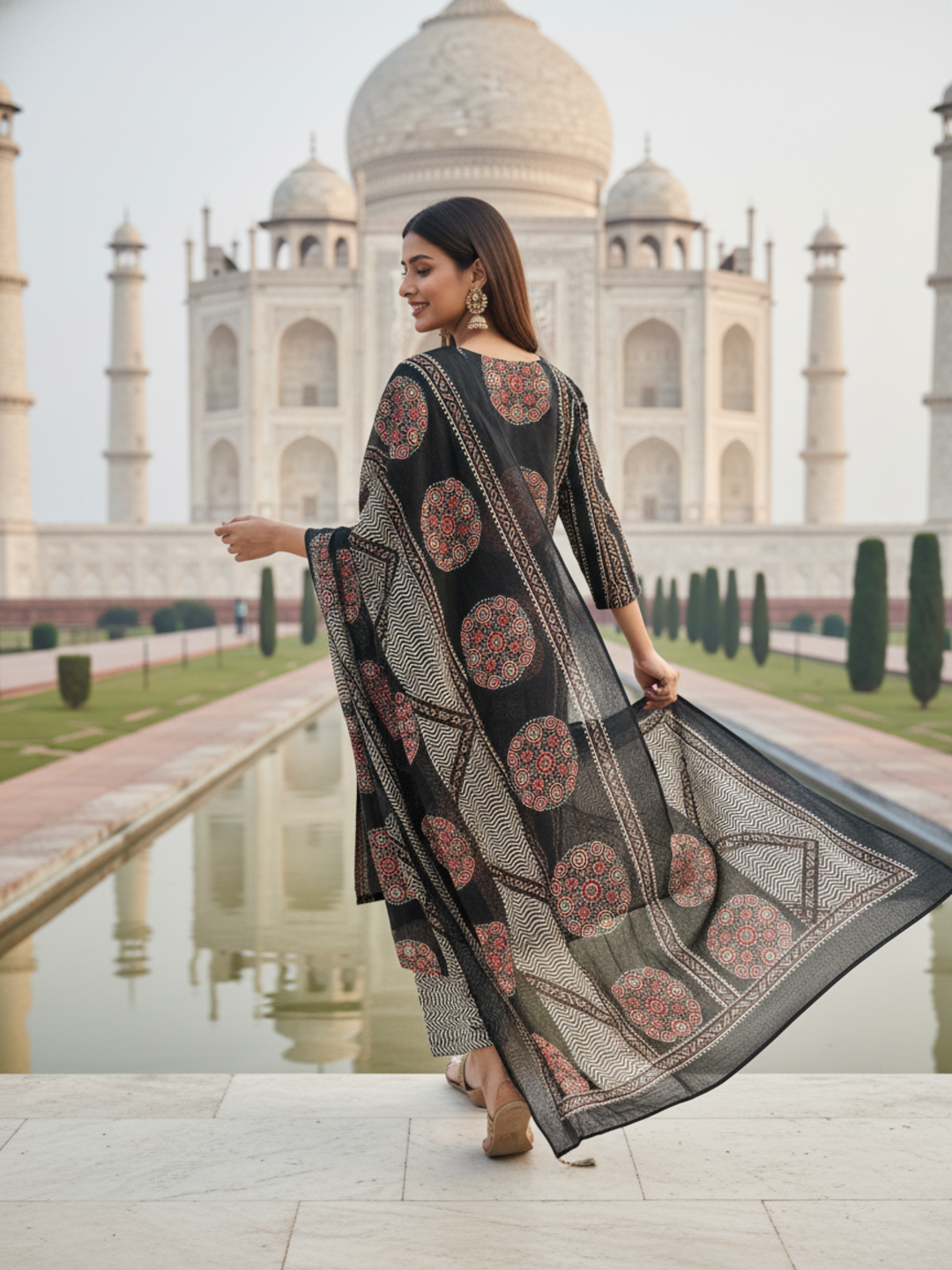 Ajrakh Printed Straight Fit Kurta with Pant and Pure Cotton Dupatta - Black