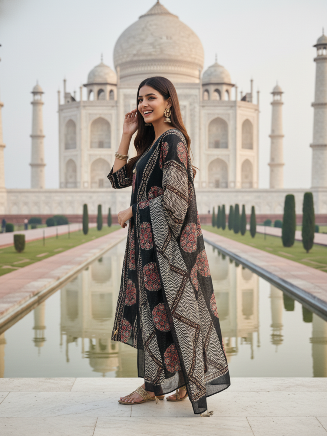 Ajrakh Printed Straight Fit Kurta with Pant and Pure Cotton Dupatta - Black