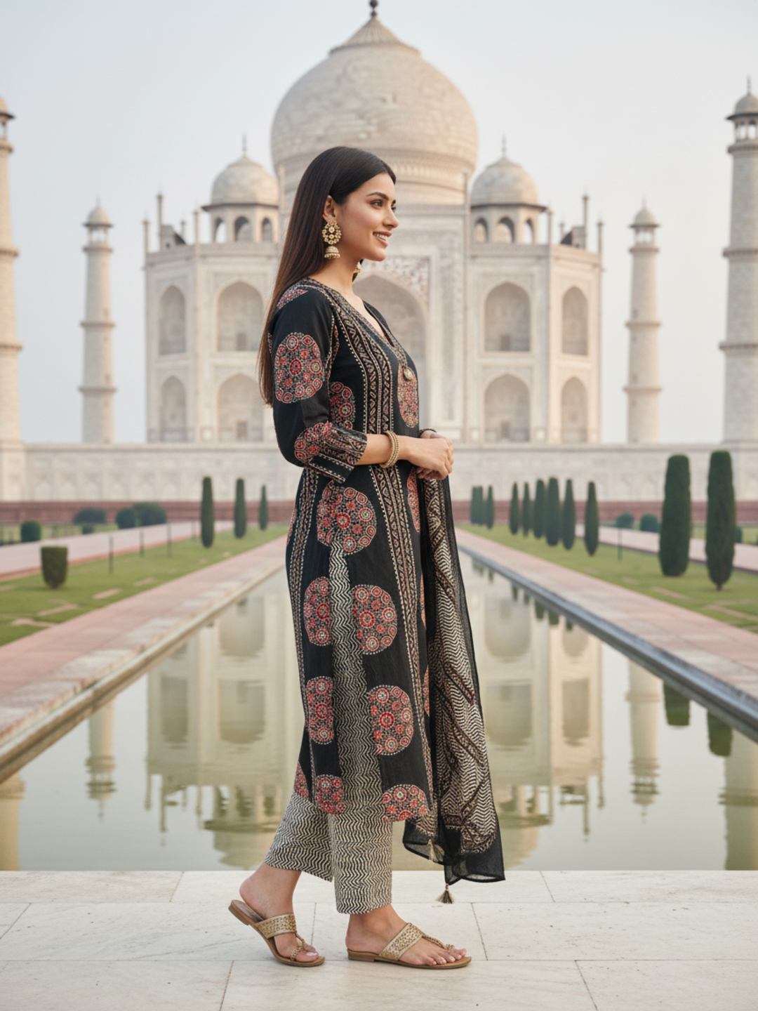 Ajrakh Printed Straight Fit Kurta with Pant and Pure Cotton Dupatta - Black
