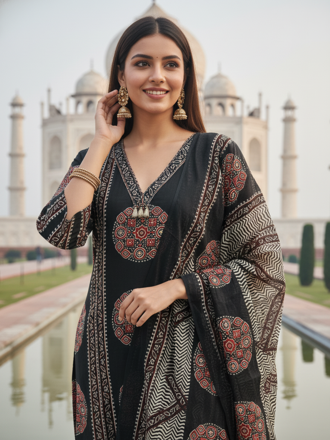 Ajrakh Printed Straight Fit Kurta with Pant and Pure Cotton Dupatta - Black