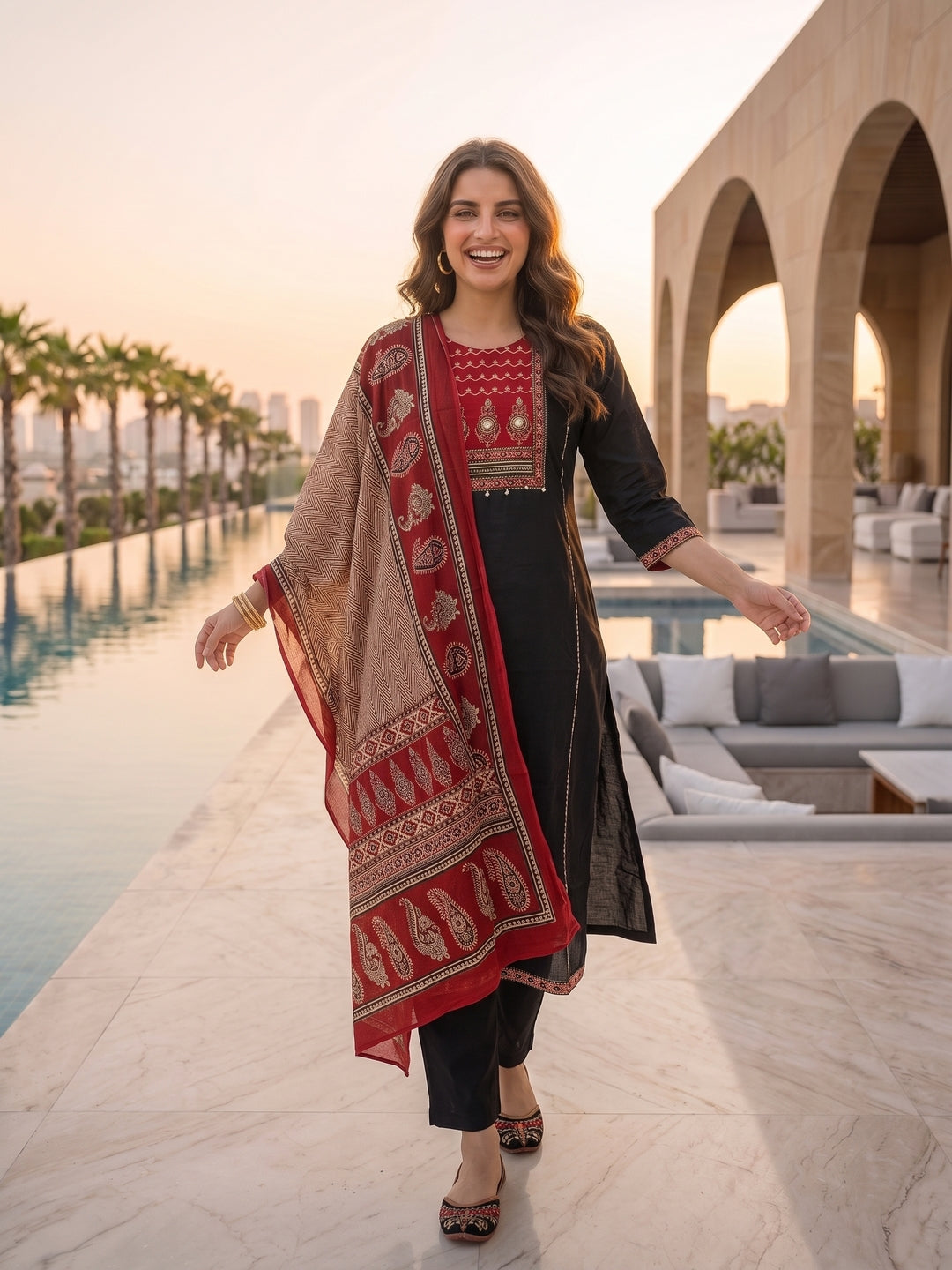 Ethnic Printed Mirror Work A-Line Kurta with Palazzo and Dupatta - Black