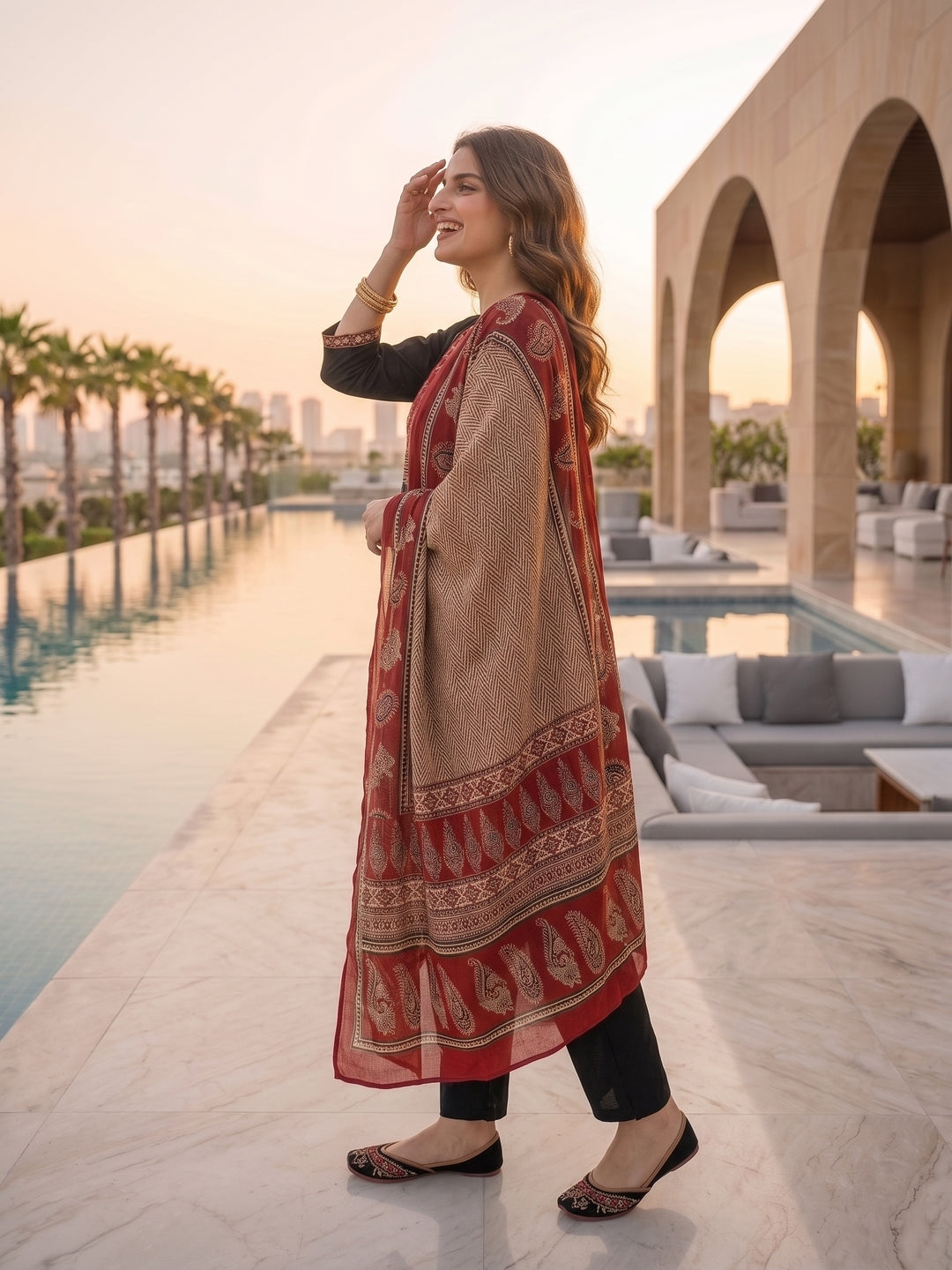 Ethnic Printed Mirror Work A-Line Kurta with Palazzo and Dupatta - Black