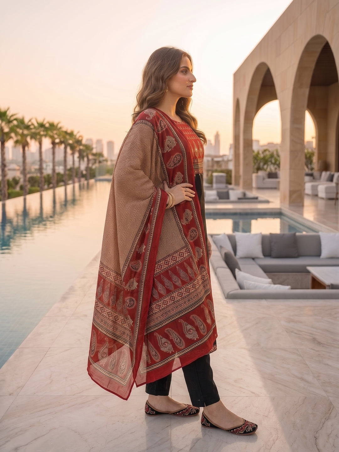 Ethnic Printed Mirror Work A-Line Kurta with Palazzo and Dupatta - Black
