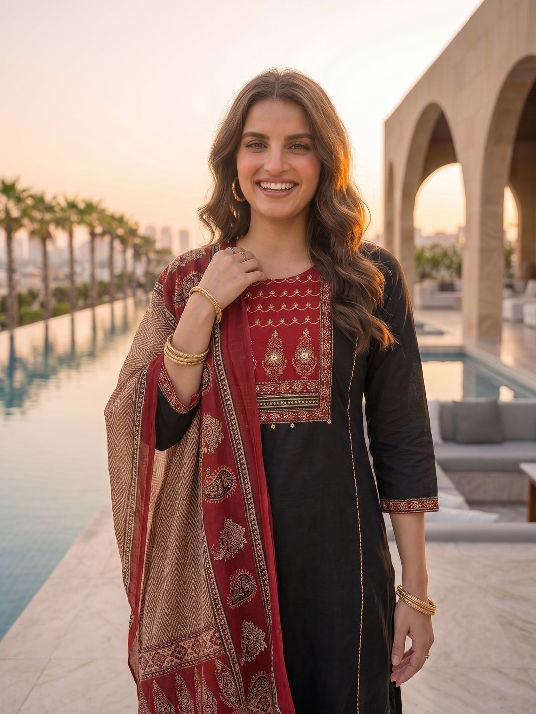Ethnic Printed Mirror Work A-Line Kurta with Palazzo and Dupatta - Black