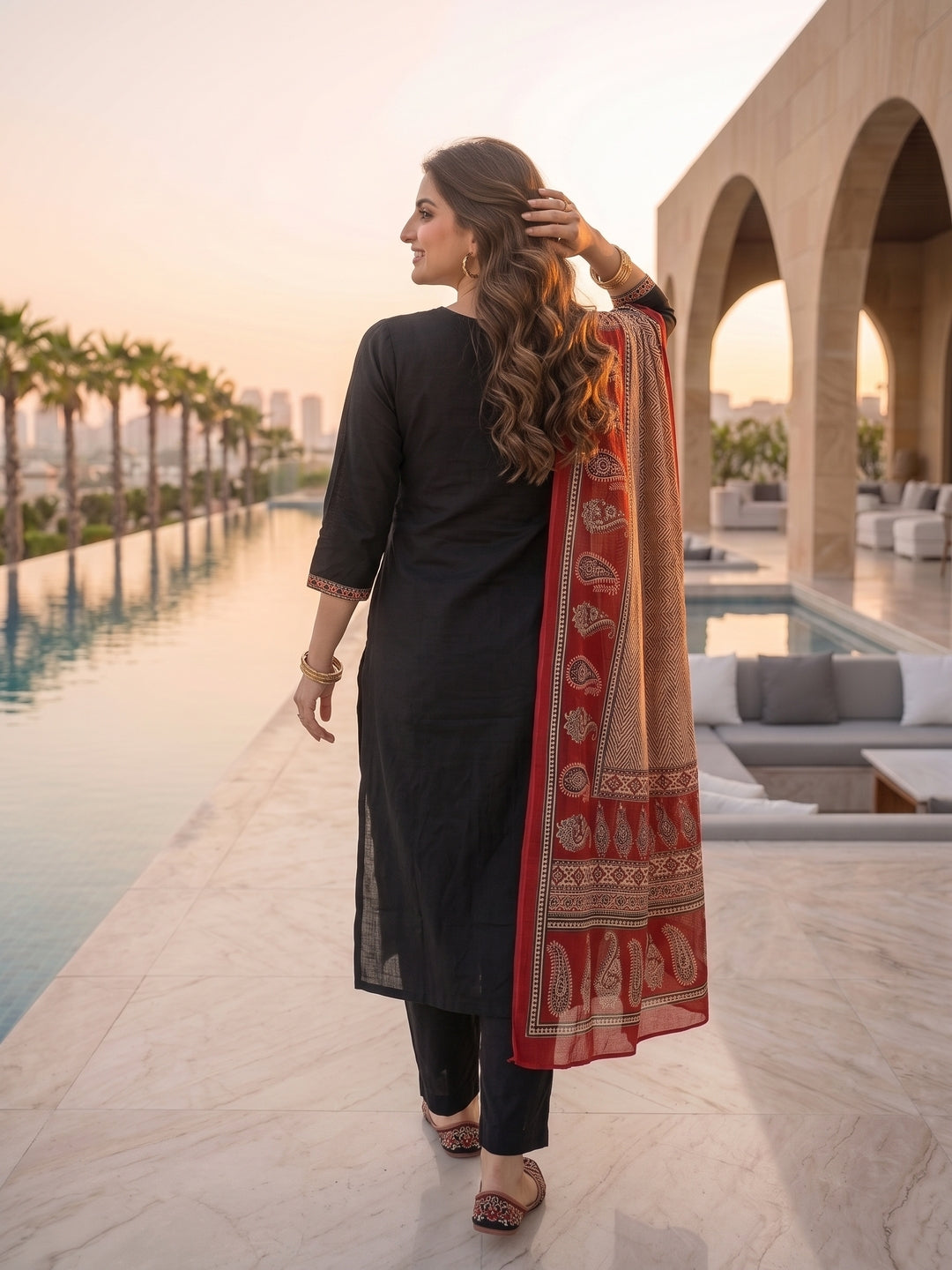 Ethnic Printed Mirror Work A-Line Kurta with Palazzo and Dupatta - Black