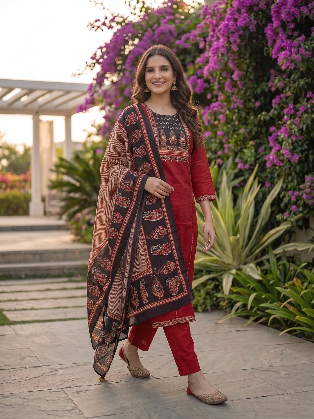 Ethnic Printed Mirror Work A-Line Kurta with Palazzo and Dupatta - Maroon