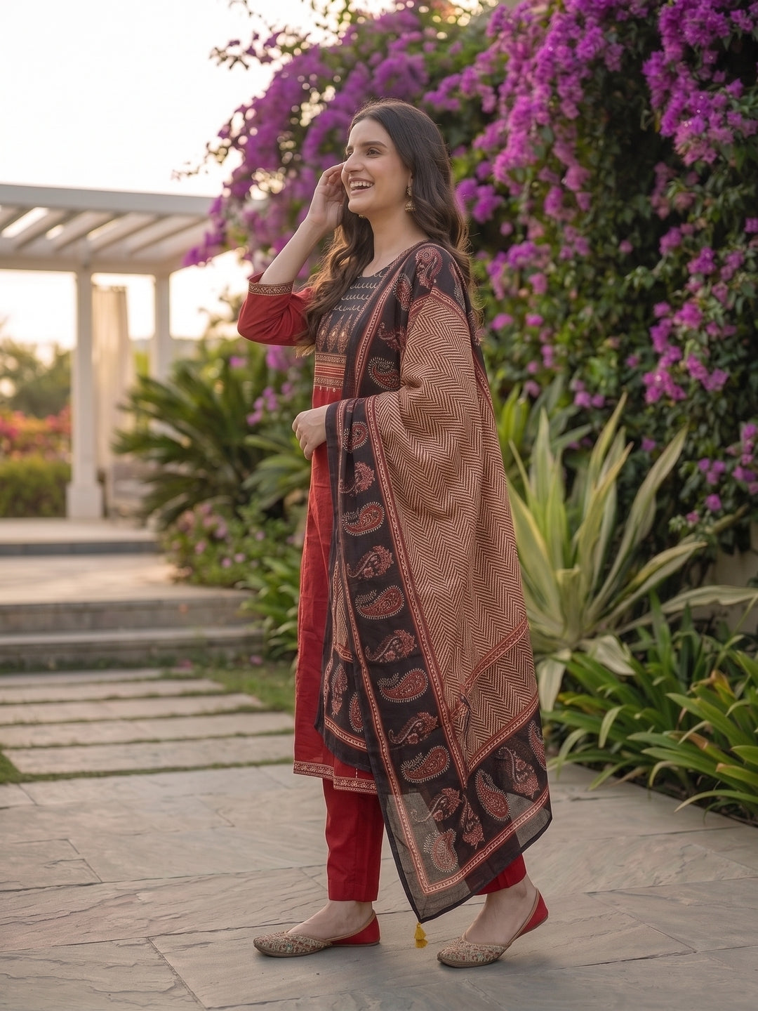 Ethnic Printed Mirror Work A-Line Kurta with Palazzo and Dupatta - Maroon