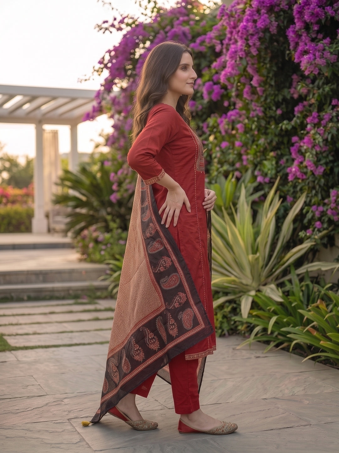 Ethnic Printed Mirror Work A-Line Kurta with Palazzo and Dupatta - Maroon
