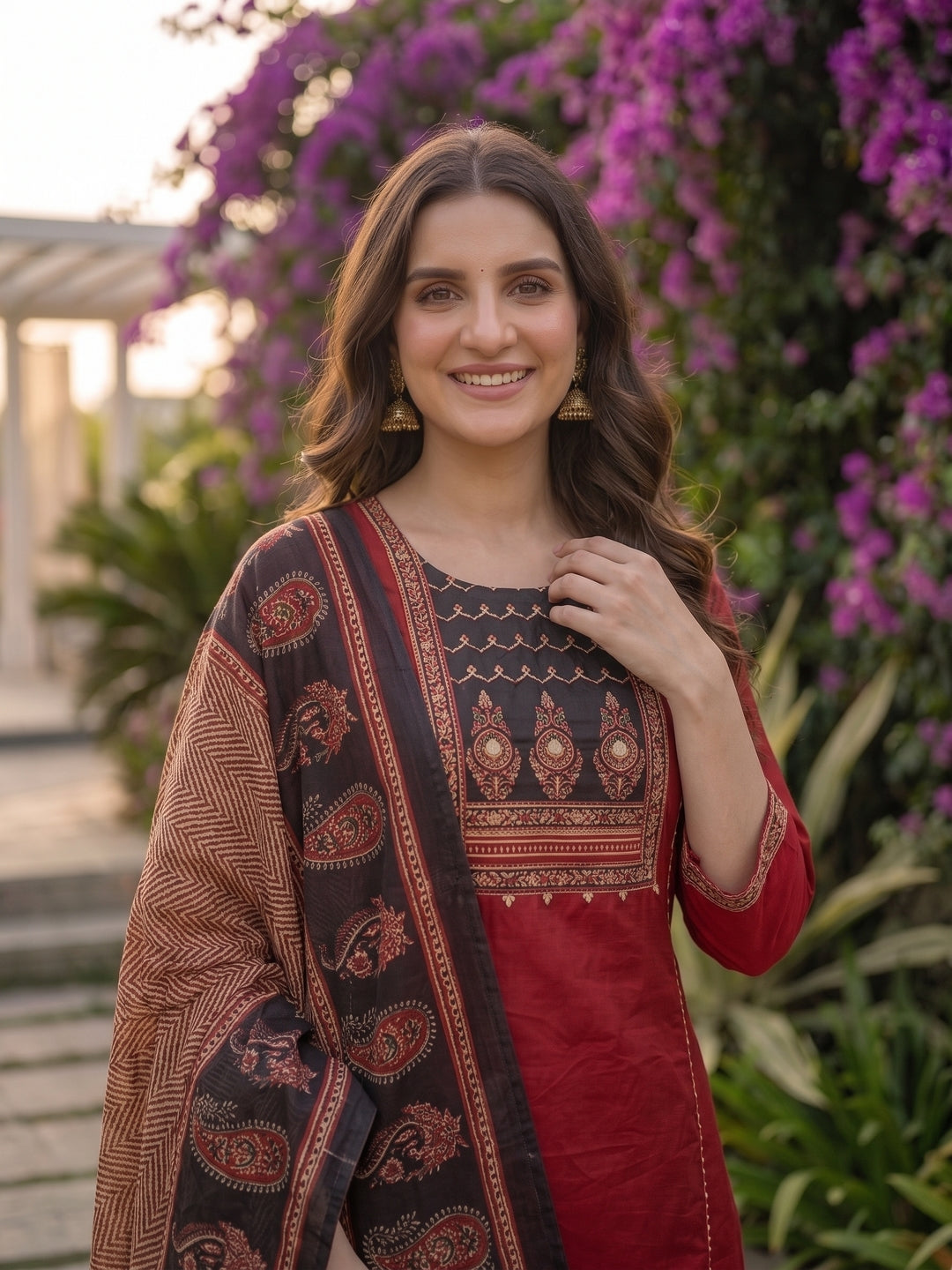 Ethnic Printed Mirror Work A-Line Kurta with Palazzo and Dupatta - Maroon