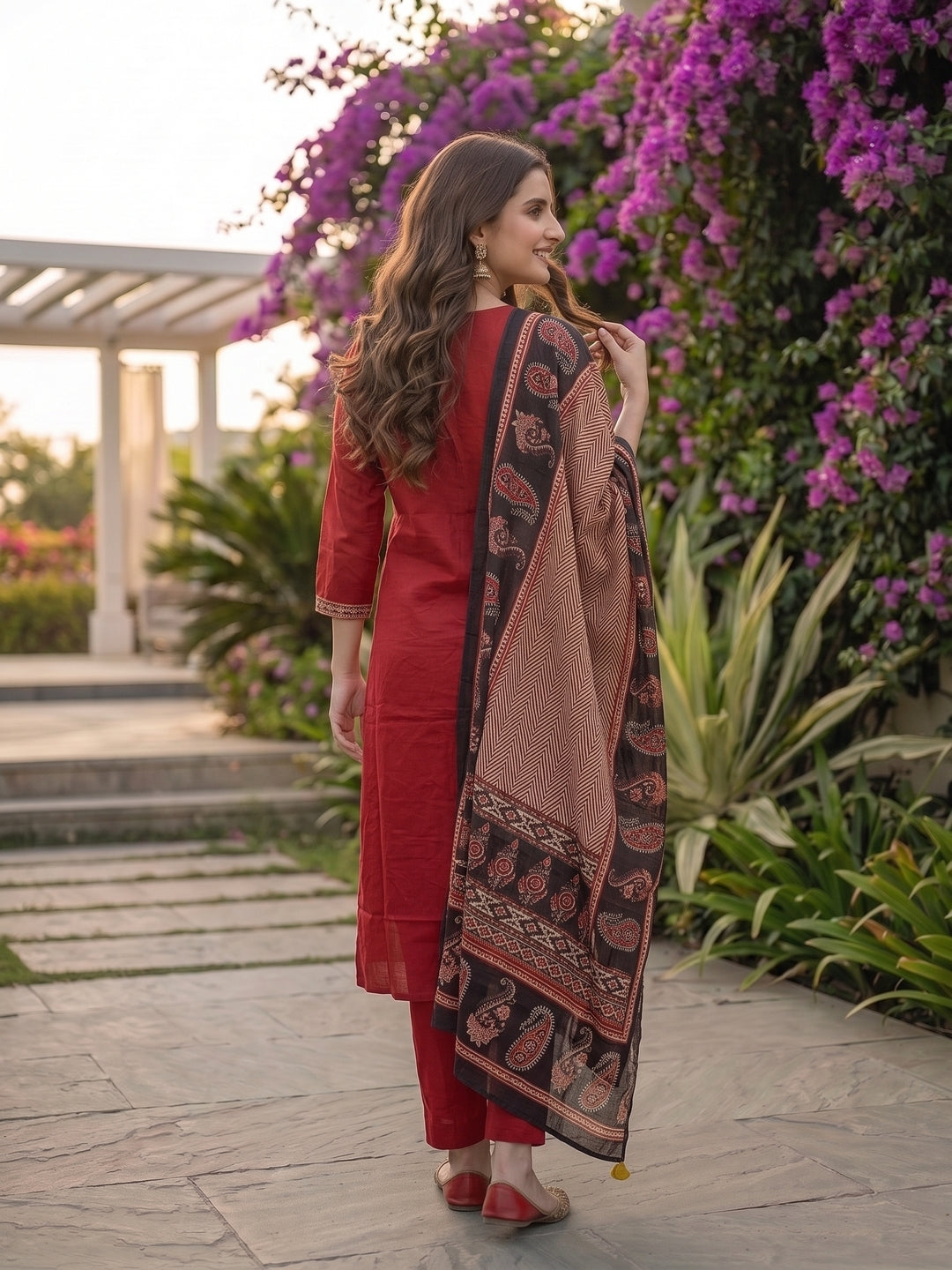 Ethnic Printed Mirror Work A-Line Kurta with Palazzo and Dupatta - Maroon