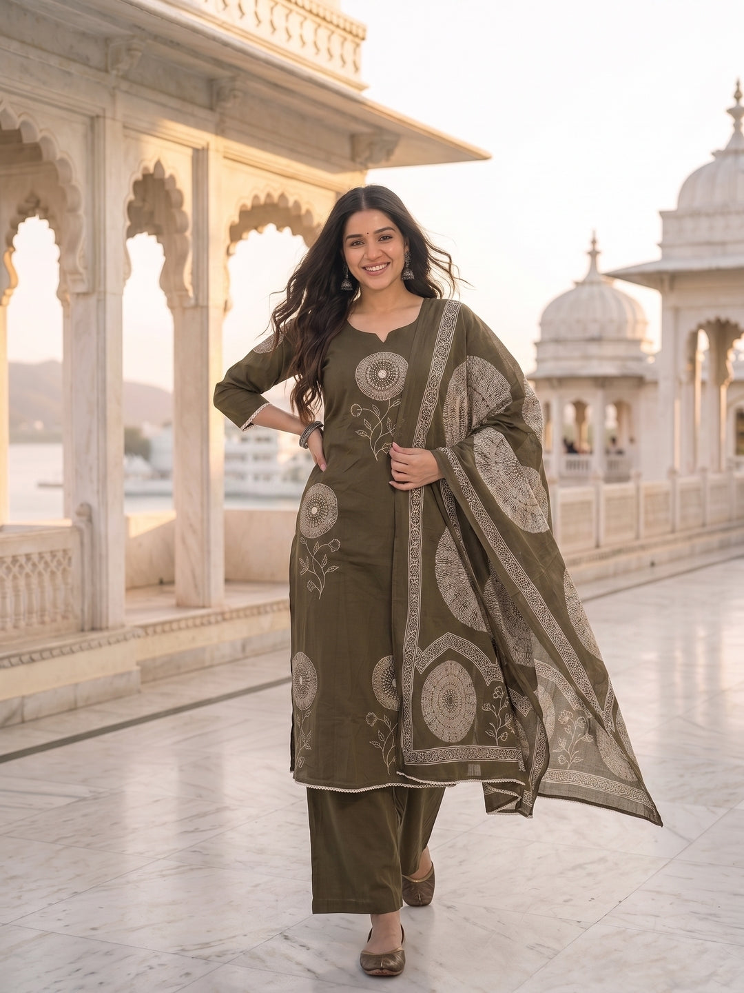 Solid Floral Patchwork A-Line Kurta with Palazzo & Dupatta - Olive Green
