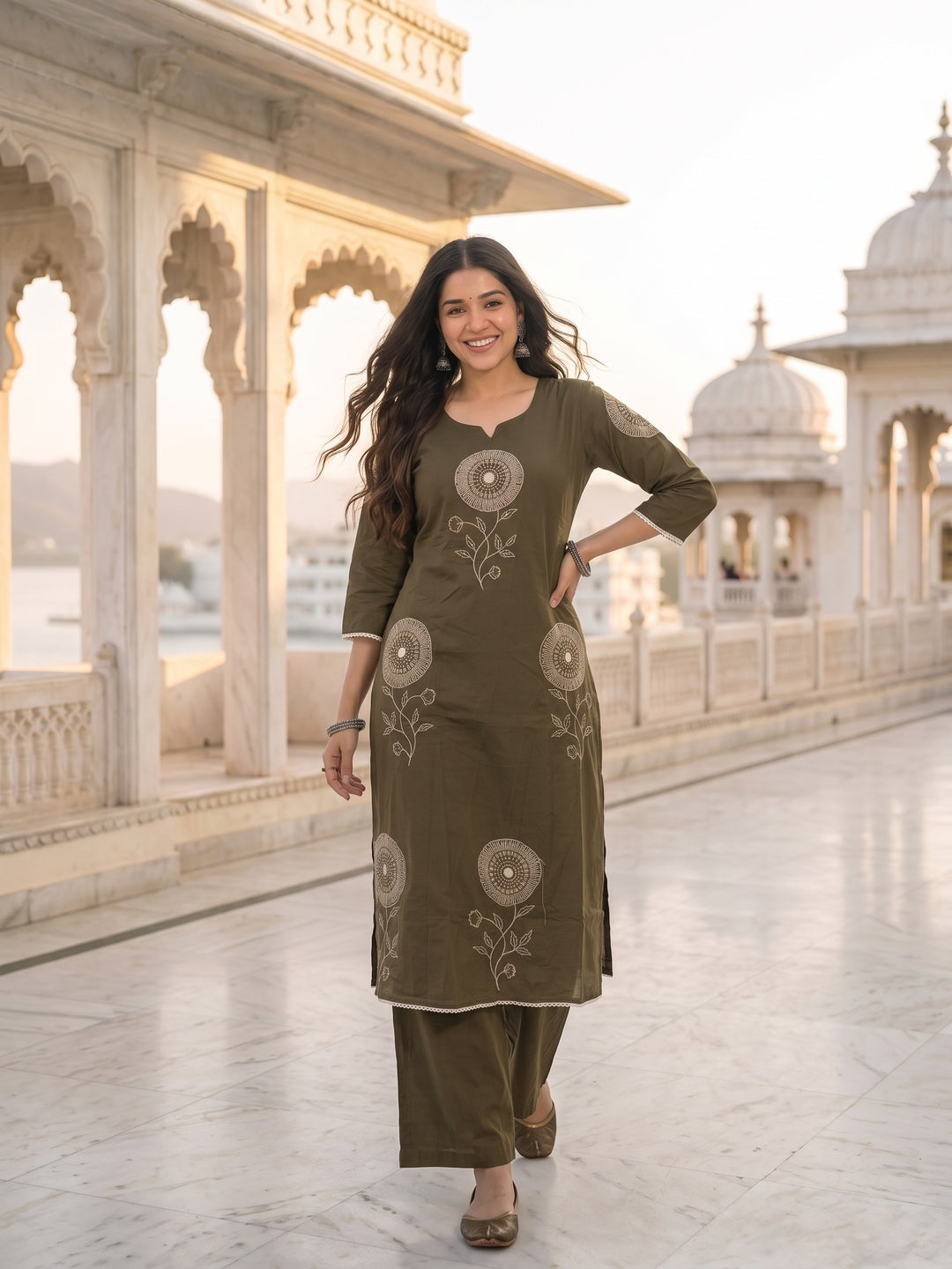 Solid Floral Patchwork A-Line Kurta with Palazzo & Dupatta - Olive Green
