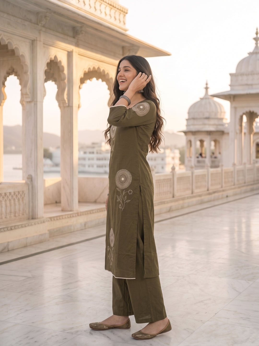 Solid Floral Patchwork A-Line Kurta with Palazzo & Dupatta - Olive Green