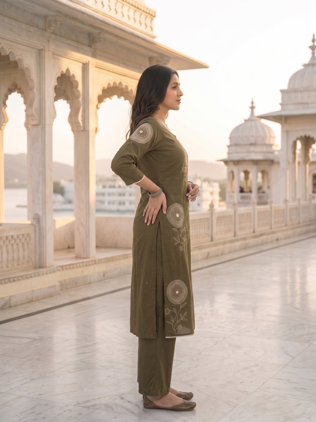 Solid Floral Patchwork A-Line Kurta with Palazzo & Dupatta - Olive Green