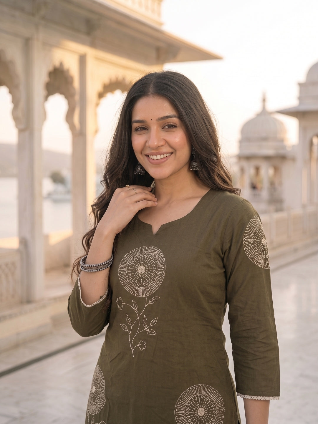 Solid Floral Patchwork A-Line Kurta with Palazzo & Dupatta - Olive Green