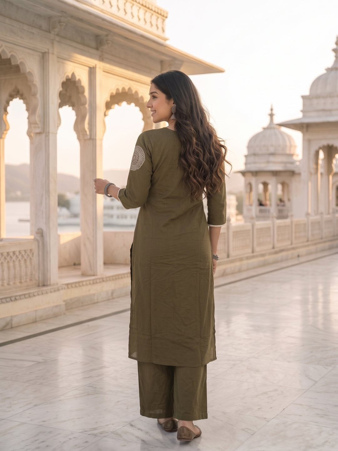 Solid Floral Patchwork A-Line Kurta with Palazzo & Dupatta - Olive Green