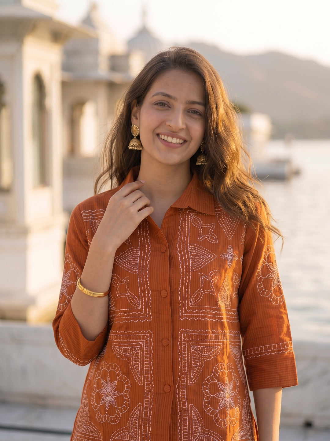 Rust Pinstripe Cotton Embroidered Shirt & Palazzo Co-ord Set