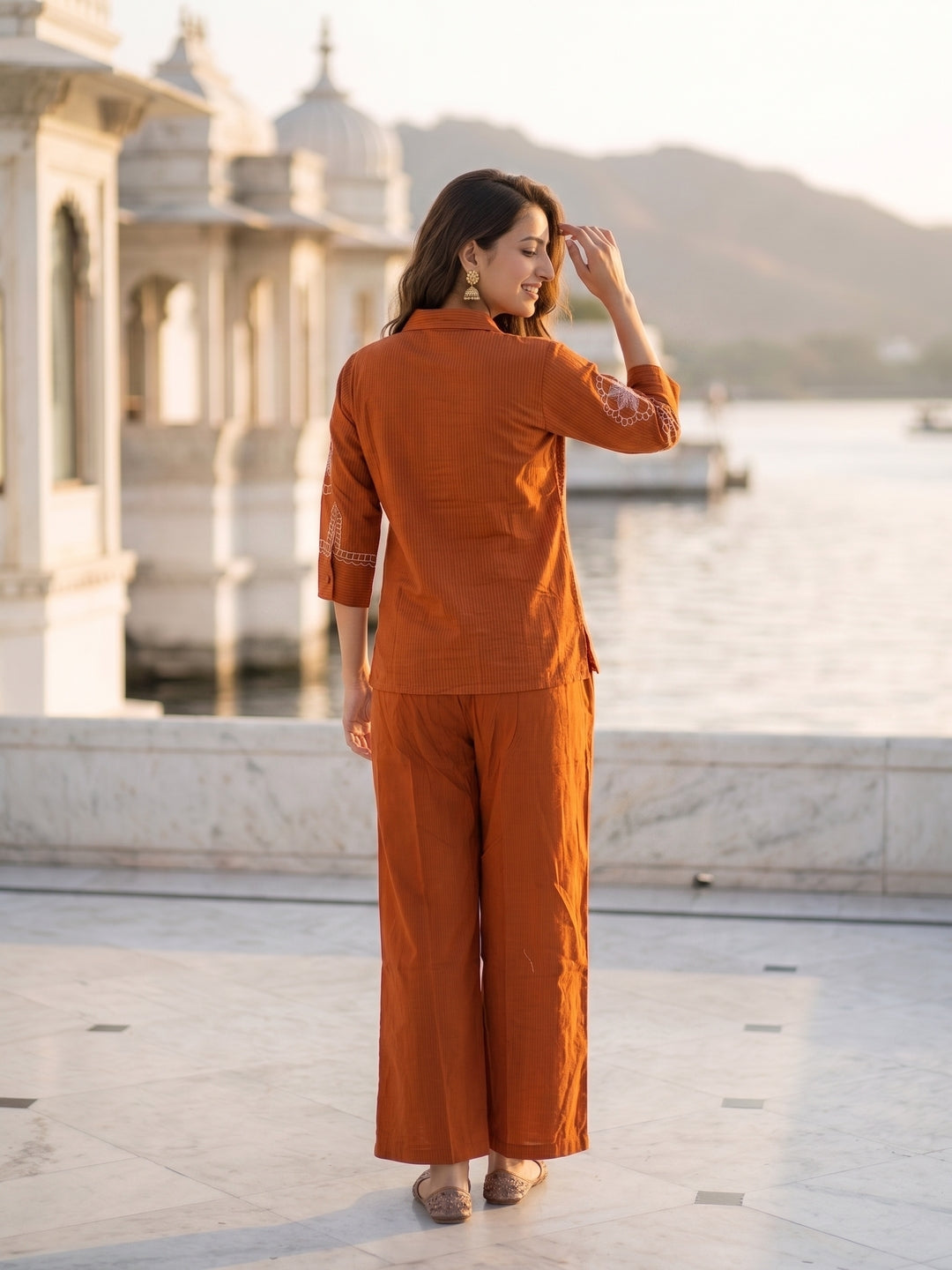 Rust Pinstripe Cotton Embroidered Shirt & Palazzo Co-ord Set