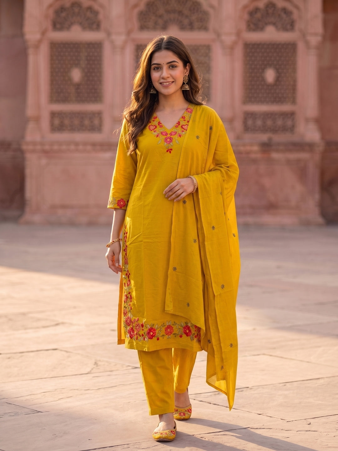 Solid Embroidered Straight Kurta with Pant & Dupatta - Mustard