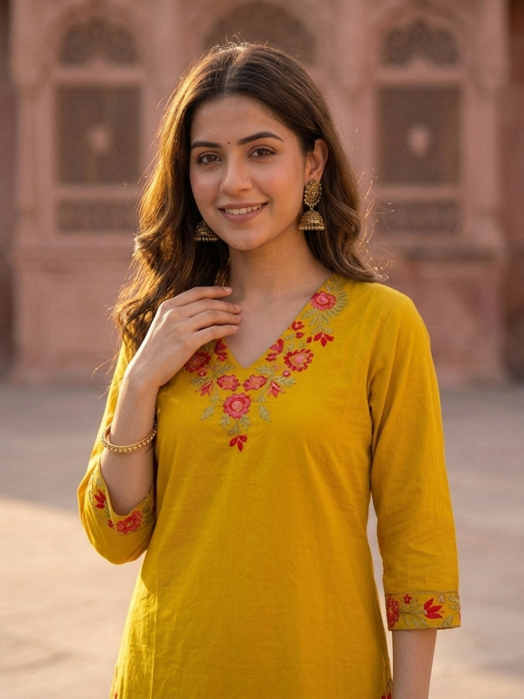 Solid Embroidered Straight Kurta with Pant & Dupatta - Mustard