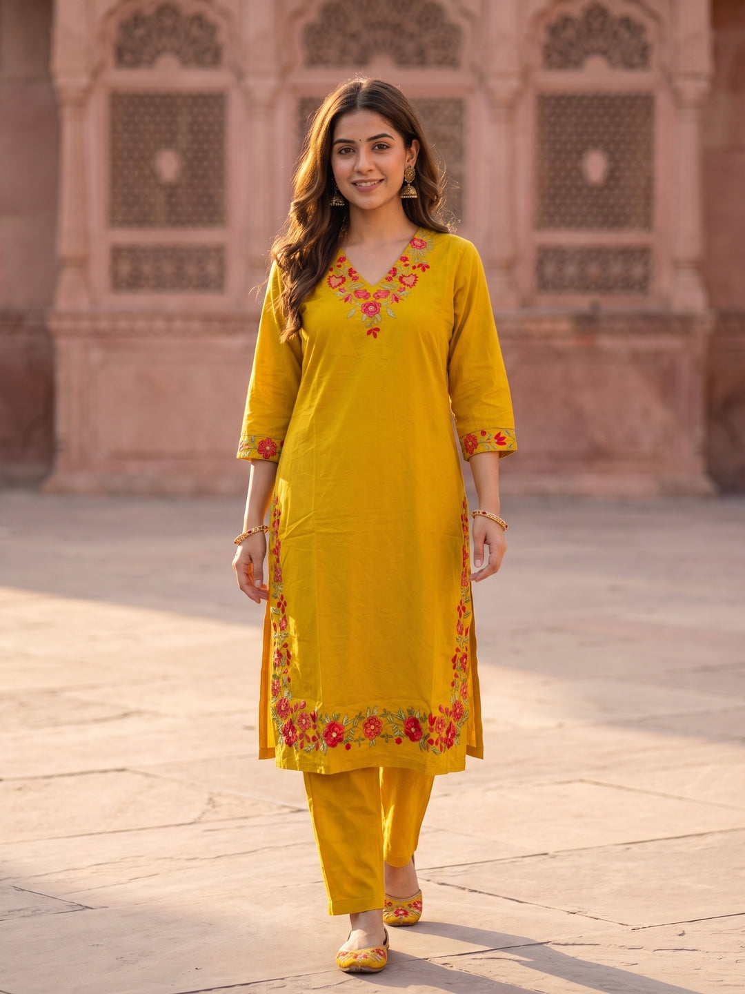 Solid Embroidered Straight Kurta with Pant & Dupatta - Mustard