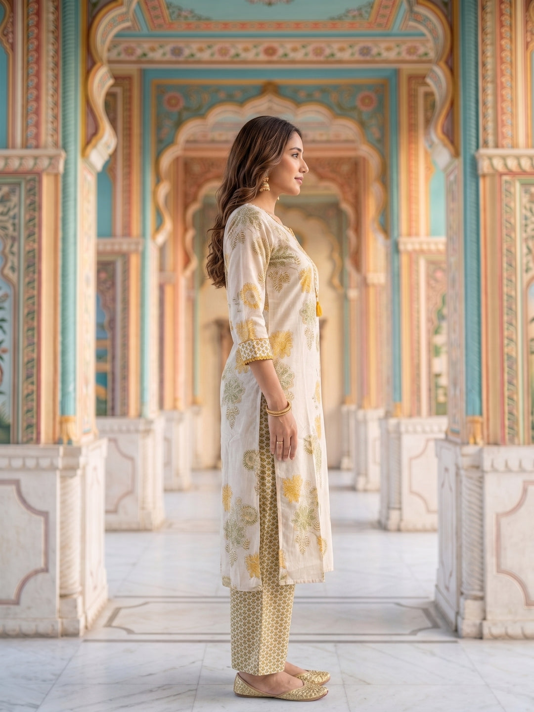 Floral Printed Straight Kurta with Pyjama & Dupatta - Mustard