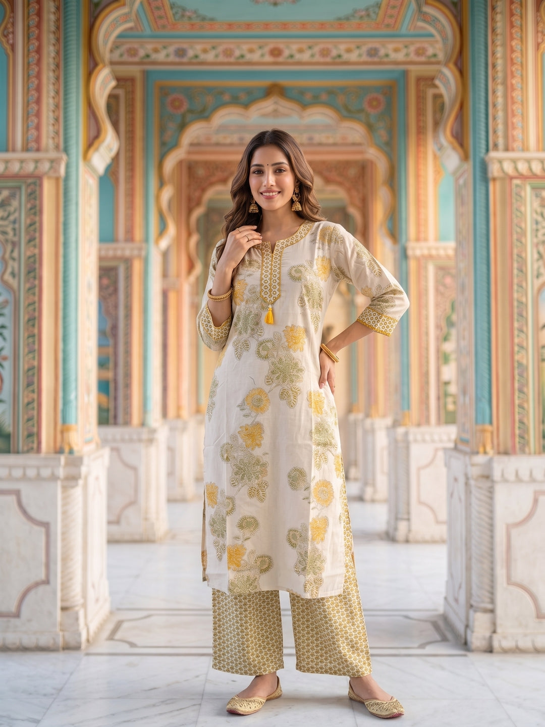Floral Printed Straight Kurta with Pyjama & Dupatta - Mustard