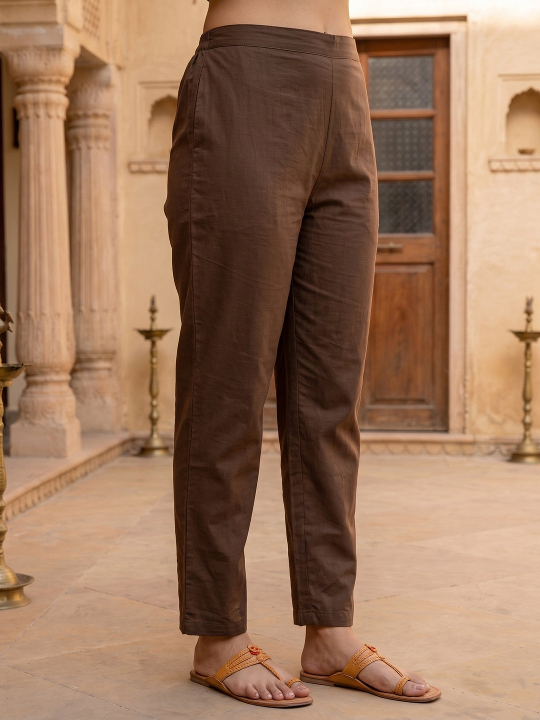 Brown Cotton Embroidered Straight Kurta Set with Pant & Dupatta