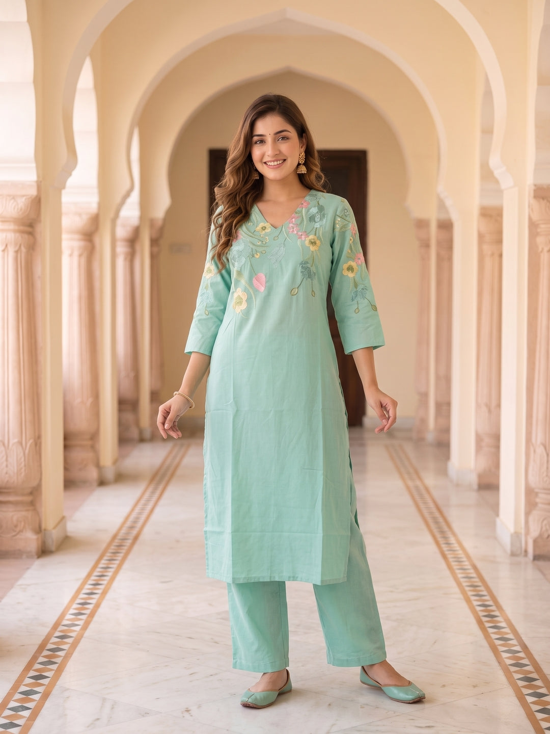 Solid Embroidered Straight Kurta with Pyjama & Dupatta - Sea Green
