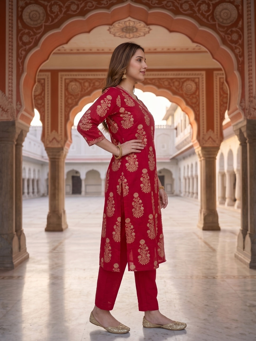 Rani Pink Ethnic Print Cotton Straight Kurta Set with Mirror Work & Embroidery, Pant & Dupatta