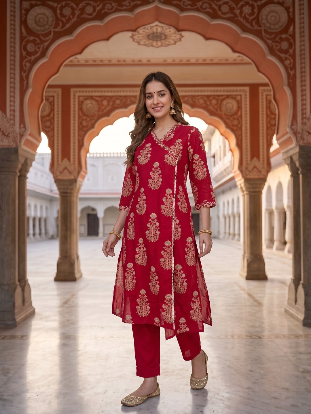 Rani Pink Ethnic Print Cotton Straight Kurta Set with Mirror Work & Embroidery, Pant & Dupatta