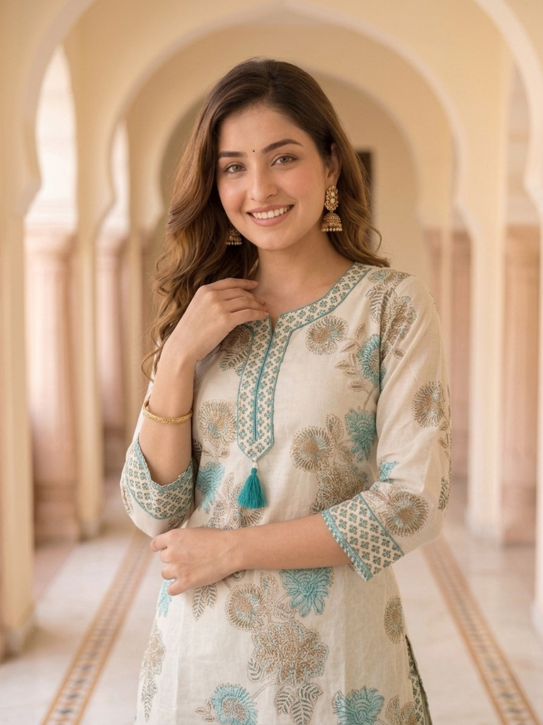 Floral Printed Straight Kurta with Pyjama & Dupatta - Blue and Off-White