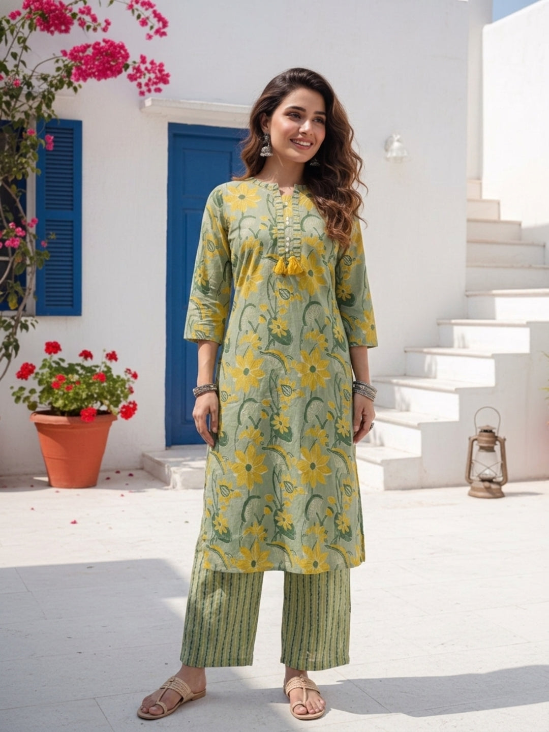 Floral Printed Straight Kurta with Palazzo & Dupatta - Green