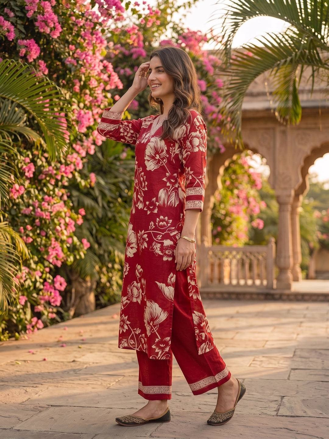 Maroon & White Floral Print Cotton Kurta Set with Palazzo & Dupatta