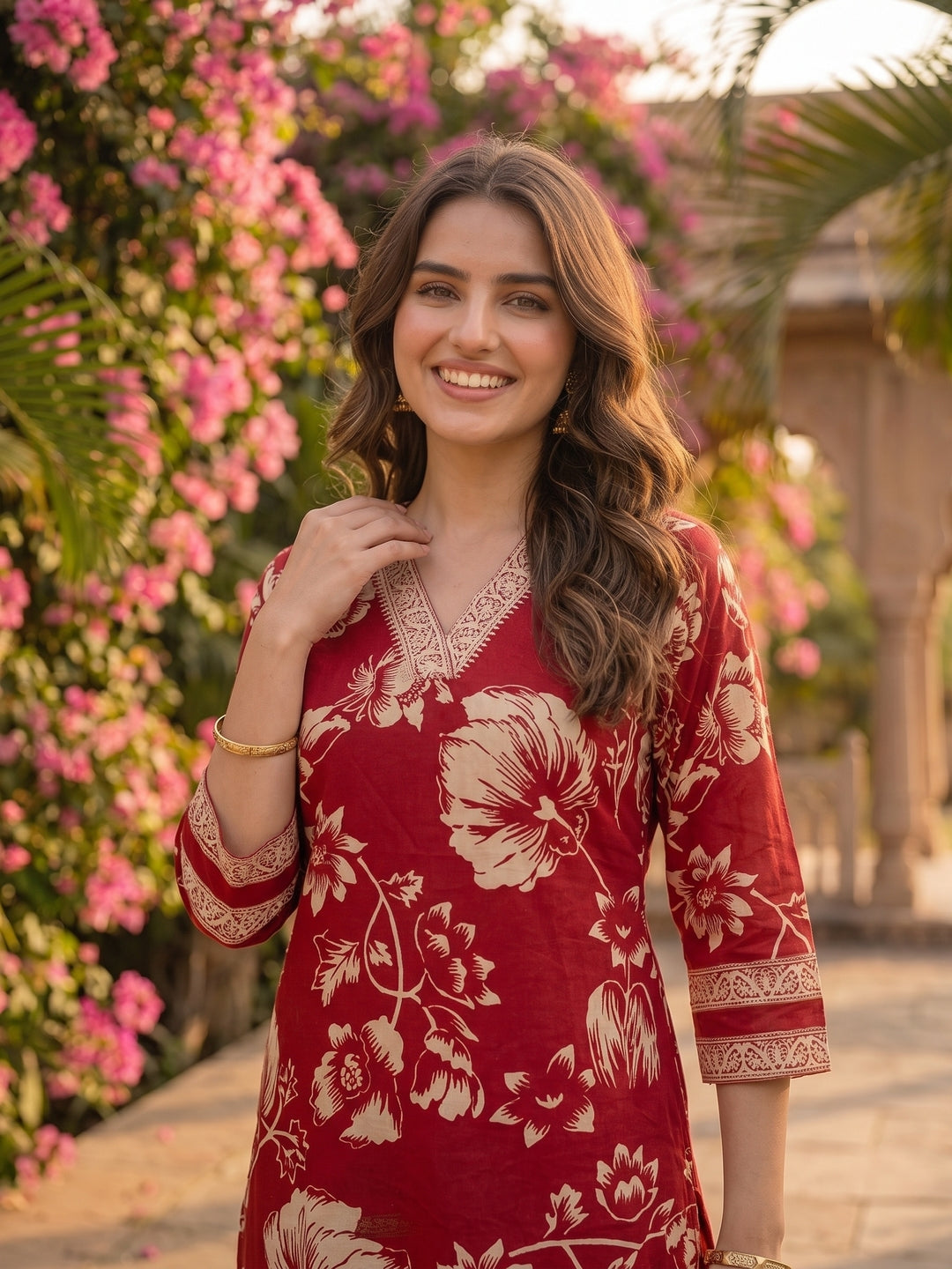Maroon & White Floral Print Cotton Kurta Set with Palazzo & Dupatta