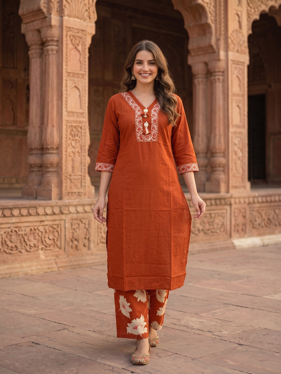 Rust Sequin & Print Cotton Kurta and Pant & Dupatta