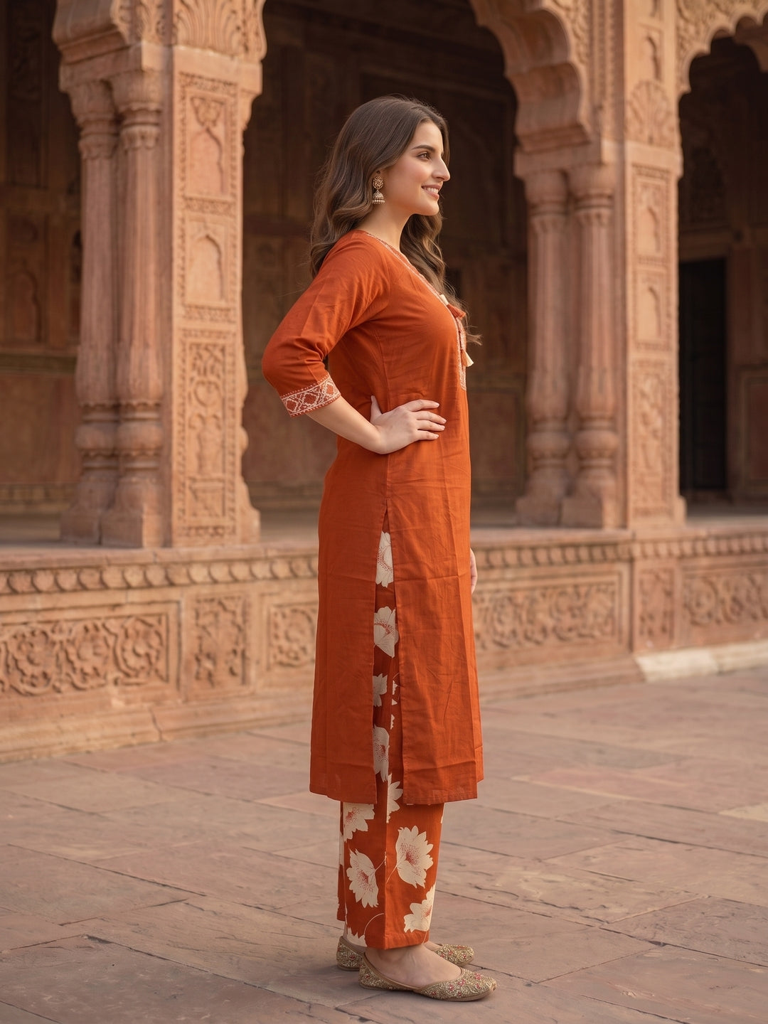 Rust Sequin & Print Cotton Kurta and Pant & Dupatta
