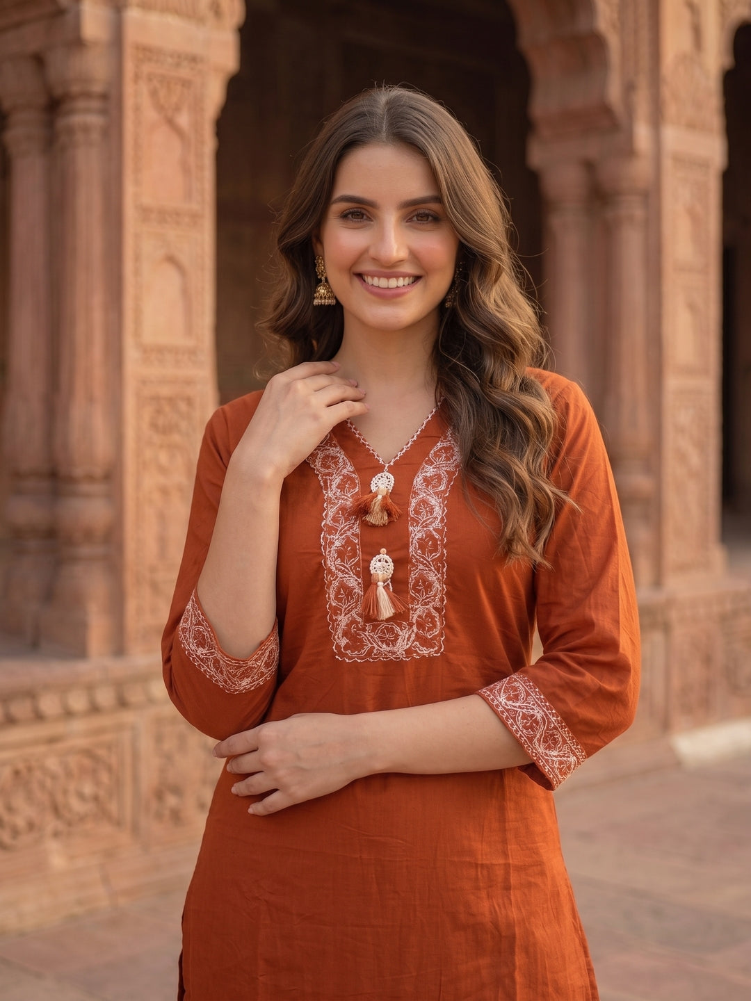 Rust Sequin & Print Cotton Kurta and Pant & Dupatta