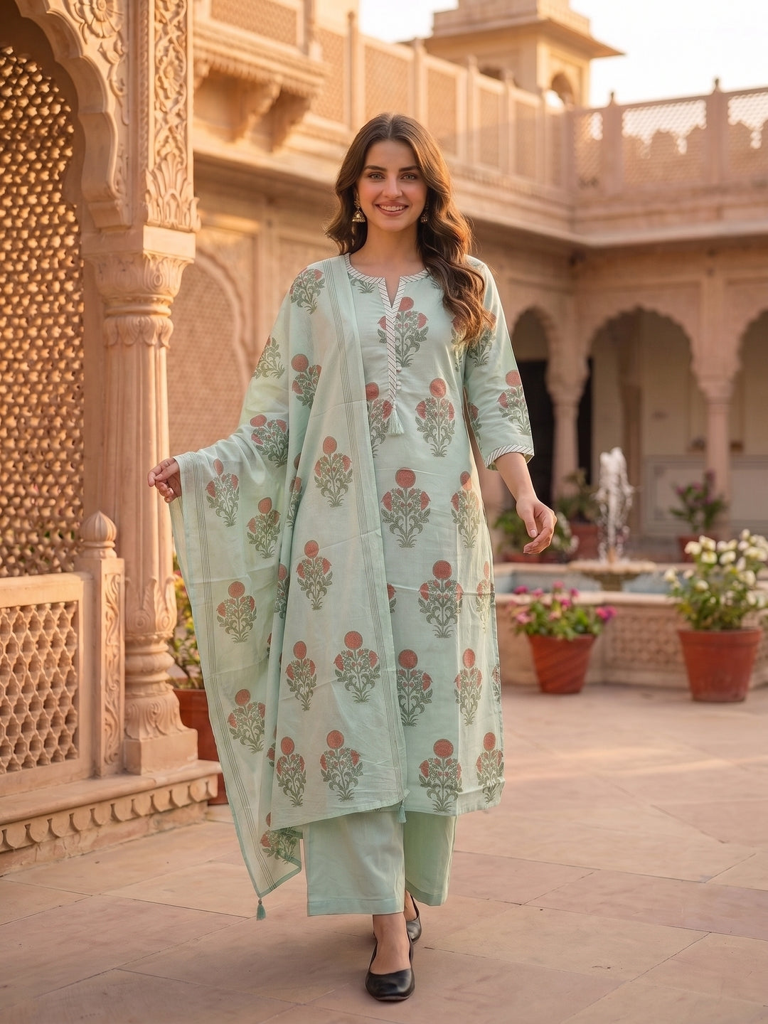 Sea Green Mughal Boota Print Cotton 3-Piece Kurta Set