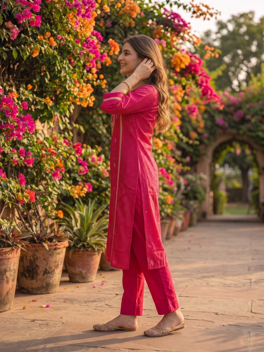 Rani Pink Lehariya Print Art Silk Straight Kurta Set with Sequins & Embroidery, Pyjama & Dupatta
