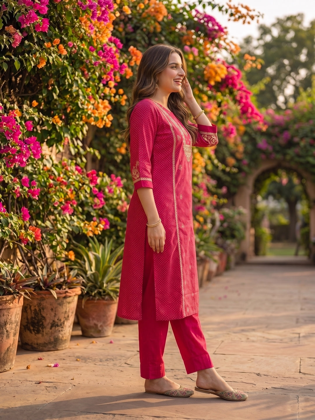 Rani Pink Lehariya Print Art Silk Straight Kurta Set with Sequins & Embroidery, Pyjama & Dupatta