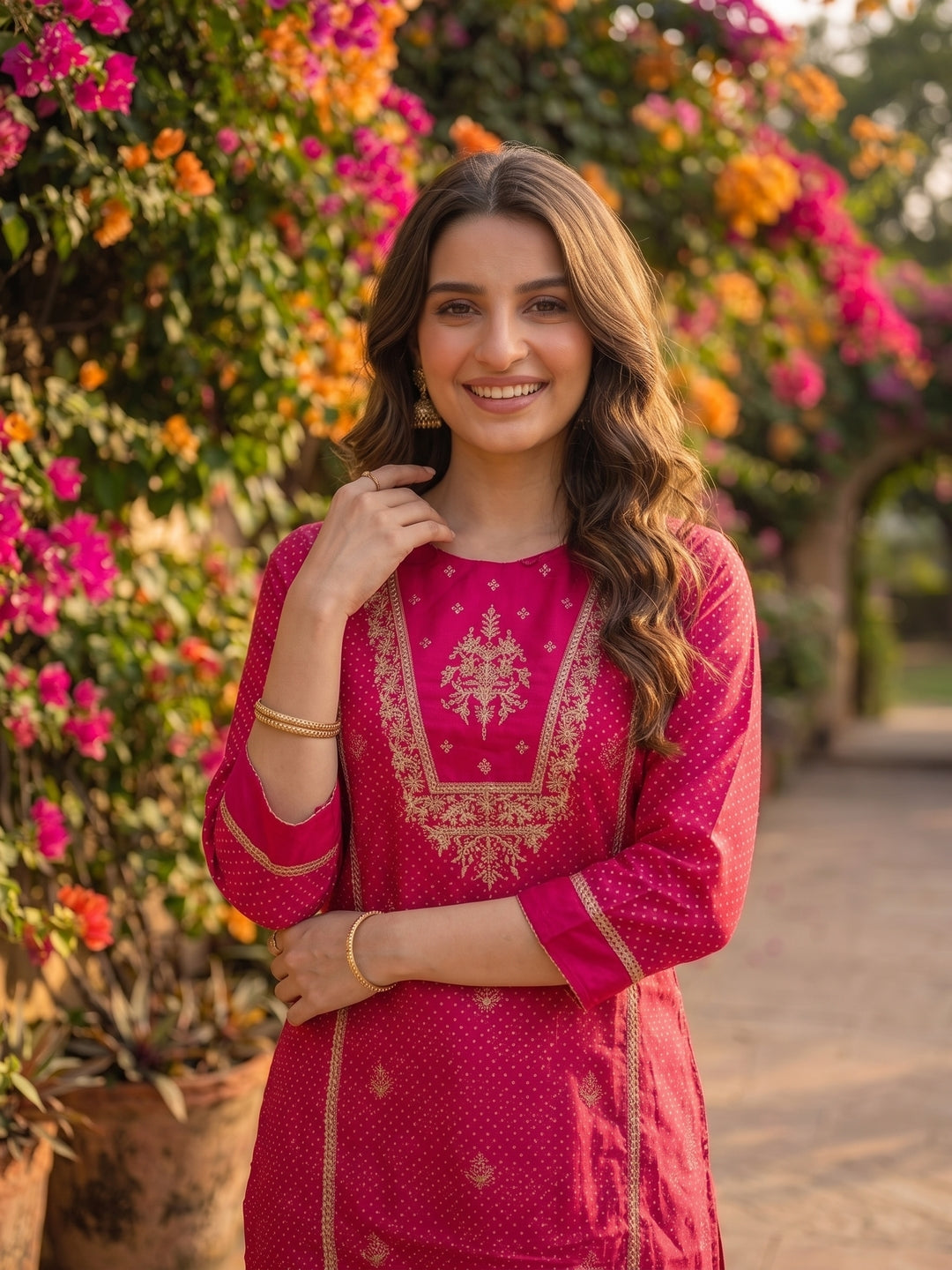 Rani Pink Lehariya Print Art Silk Straight Kurta Set with Sequins & Embroidery, Pyjama & Dupatta