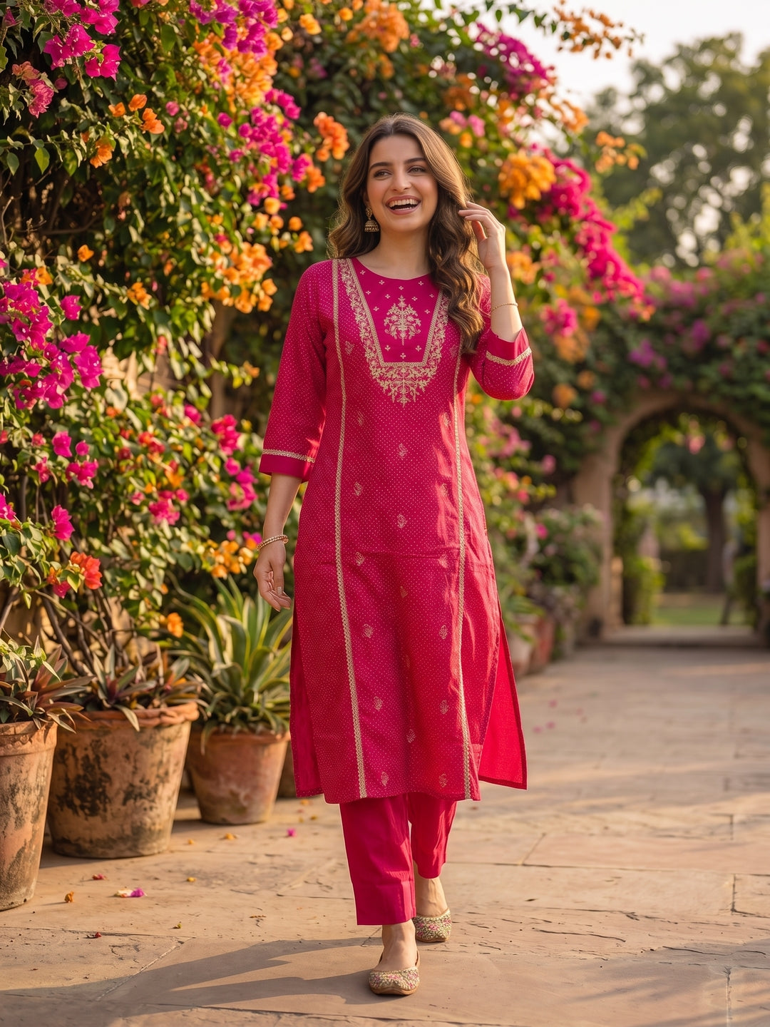 Rani Pink Lehariya Print Art Silk Straight Kurta Set with Sequins & Embroidery, Pyjama & Dupatta