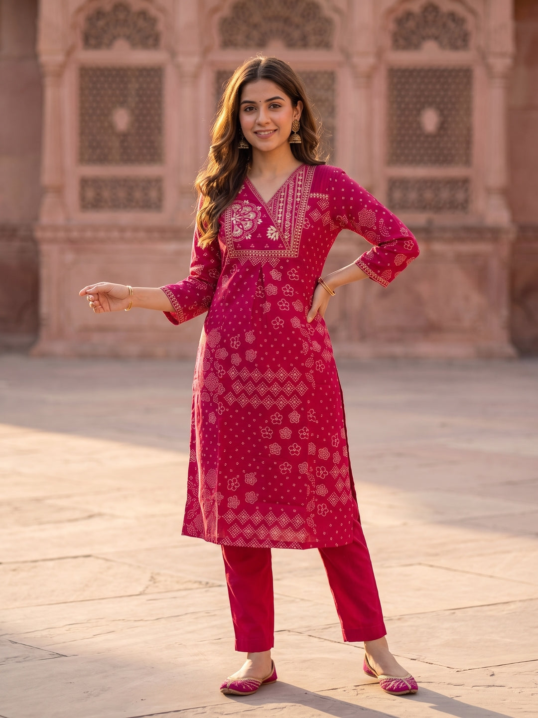 Rani Pink Bandhani Print Cotton Straight Kurta Set with Embroidered Yoke, Pyjama & Dupatta
