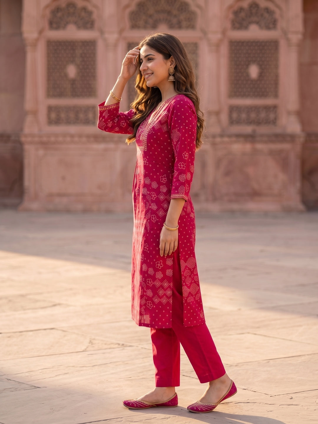 Rani Pink Bandhani Print Cotton Straight Kurta Set with Embroidered Yoke, Pyjama & Dupatta
