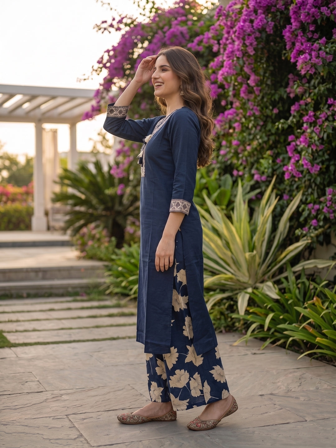 Solid Straight Kurta with Palazzo & Dupatta - Navy Blue