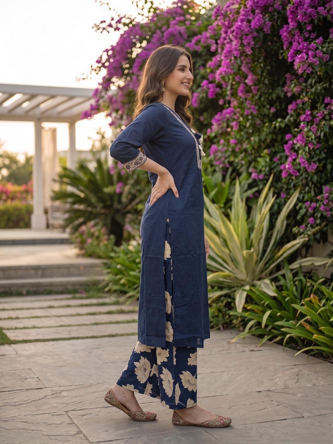 Solid Straight Kurta with Palazzo & Dupatta - Navy Blue