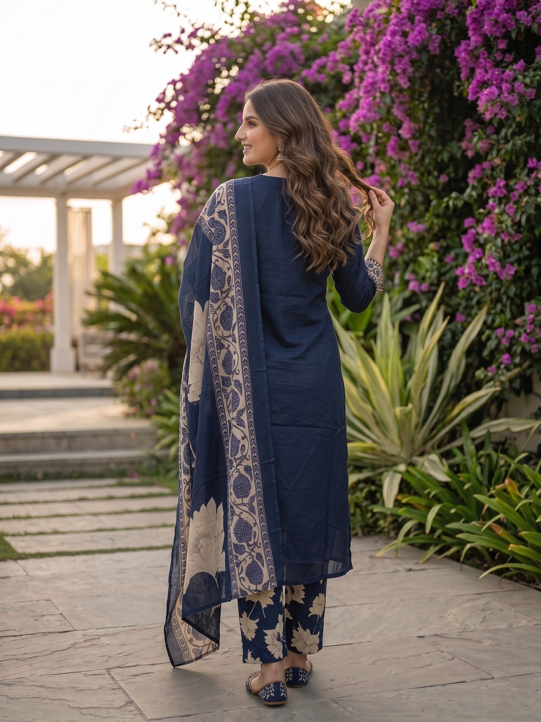 Solid Straight Kurta with Palazzo & Dupatta - Navy Blue