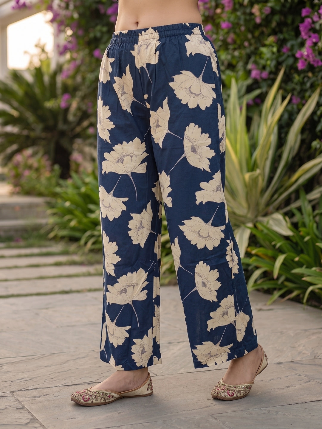Solid Straight Kurta with Palazzo & Dupatta - Navy Blue
